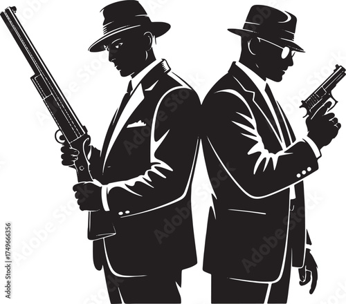 Two men in suits and fedoras holding firearms guns
