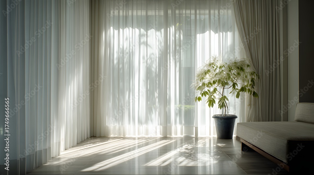 Fototapeta premium Elegant daylight interior highlighting curtain translucency
