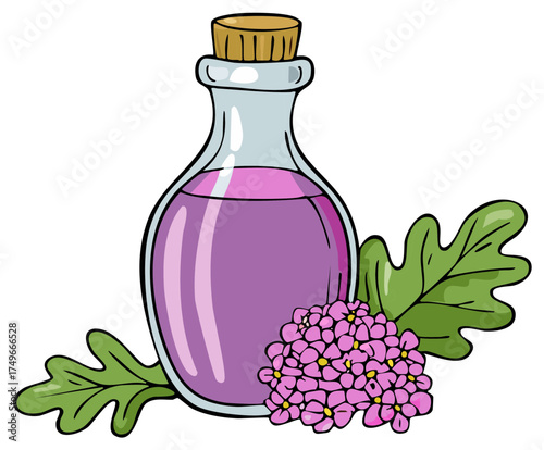 Aromatic Essential Oil Bottle with Pink Flowers and Green Leaves