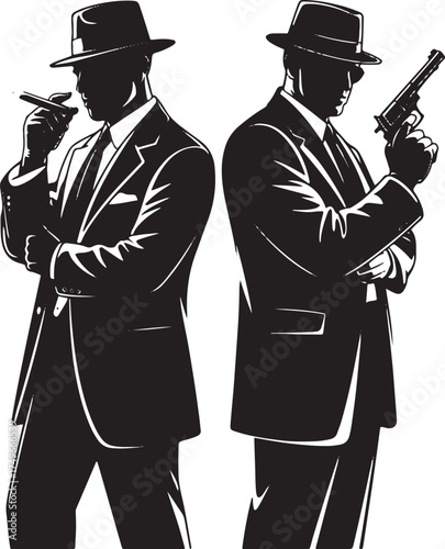 Two men in suits and hats one holding a cigar one holding a gun
