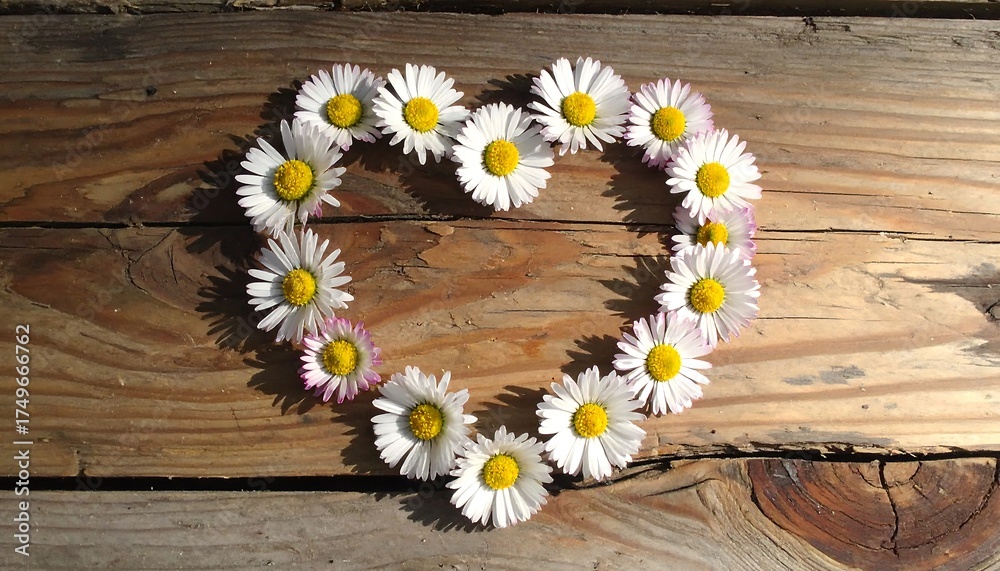Obraz premium Heart Shaped Daisy Arrangement on Wooden Background.