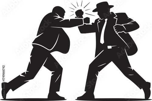 Two men in suits boxing with fists raised fight conflict