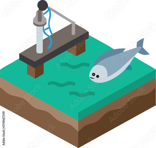 Isometric fishing scene with fish pier water and fishing rod illustration eps silhouette