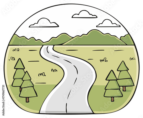 Hand drawn doodle of a winding road leading to mountains in a natural landscape