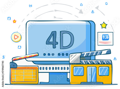 Immersive 4D movie theater concept with video playback and film production elements