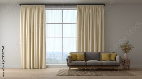 Curtain mockup with coordinated furniture layout