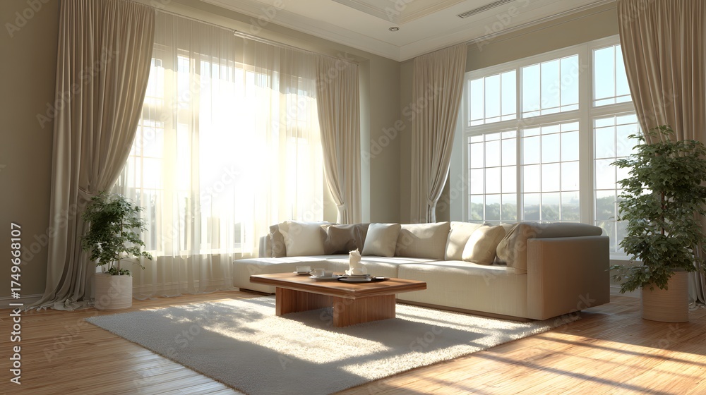 Fototapeta premium Home lifestyle render showing curtain and cozy sofa