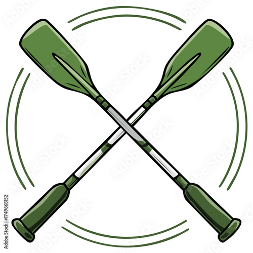 Crossed green canoe paddles vector icon for outdoor adventure team emblem