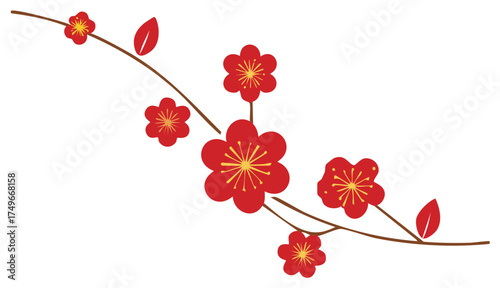 Vibrant red plum blossoms with golden centers adorn a delicate brown branch