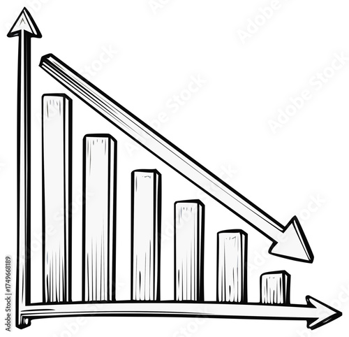 Doodle style descending bar graph with arrow showing decline, concept for business loss