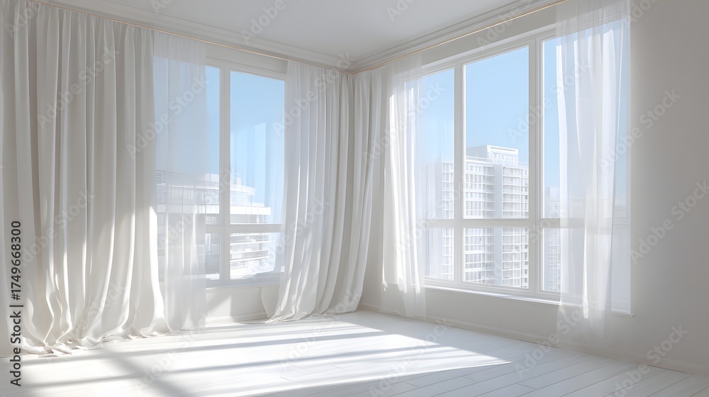 Fototapeta premium Modern apartment mockup with sunlight curtain shadows