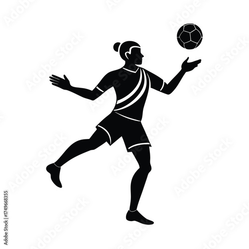 Silhouette of a female soccer player juggling a ball Keywords: female, soccer, player