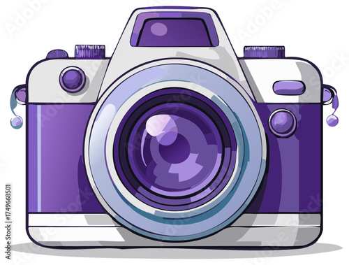 Illustration of a purple camera for capturing memories, adventures, or travel photos, showcasing photography equipment