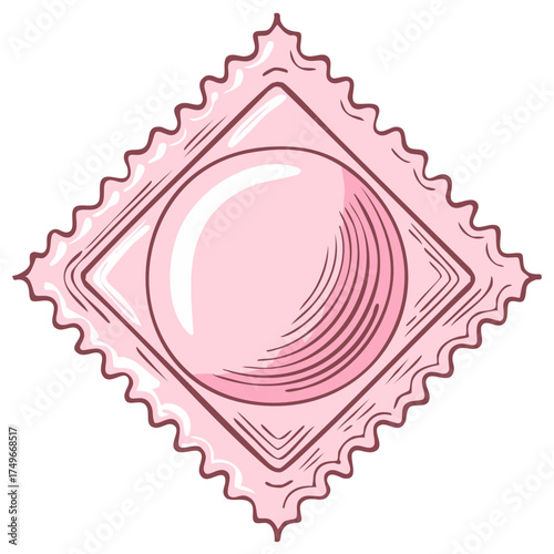 Pink condom in a foil wrapper with a serrated edge for safe sex and disease prevention