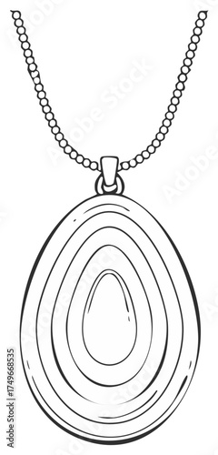 Hand drawn outline of a pendant necklace with concentric oval shapes and a beaded chain