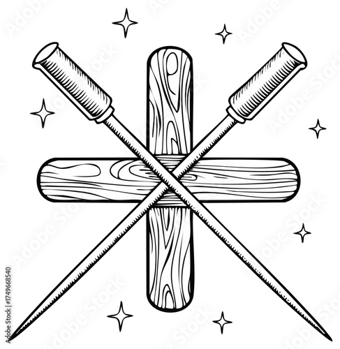 Vector illustration of wooden knitting needles crossing on a cross shape with stars around