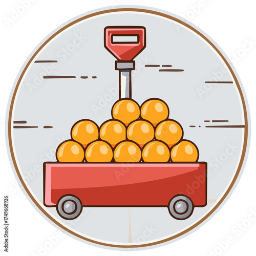 Red wagon overflowing with bright orange spheres and a measuring scale