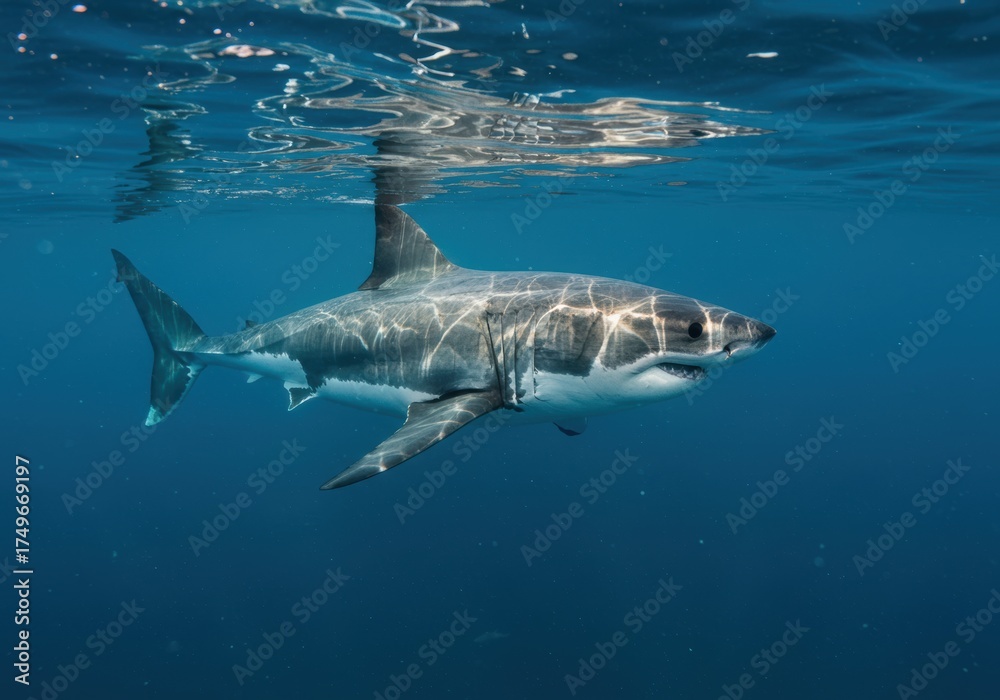 Naklejka premium Great White Shark in the Deep Ocean
