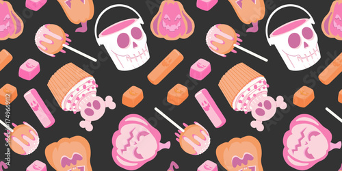 Flat vector seamless Halloween pattern with skull-shaped basket and candies in orange and pink tones. Great for packaging, wrapping paper, kids’ products, stationery, and festive decorations.
