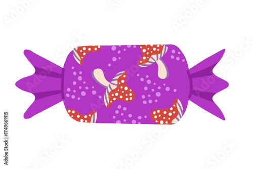 Flat vector illustration of Halloween candy chocolate wrapped in purple foil featuring mushrooms. Perfect for spooky festive packaging, invitations, and sweet designs.