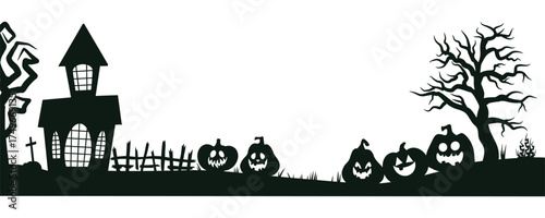 Flat vector Halloween scene with Jack lanterns, haunted house and eerie trees silhouettes in black. Great for banners, posters, invitations and decorations.