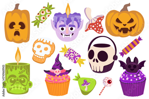 Colorful flat vector Halloween set with pumpkins, candles, candies, cupcakes and fly agaric mushroom. Great for holiday design, posters, cards and web decor.