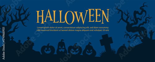 Flat vector Halloween banner featuring black silhouettes of old graveyard, trees, and jack lanterns on dark blue background. Ideal for spooky posters, flyers, invitations, and festive designs.