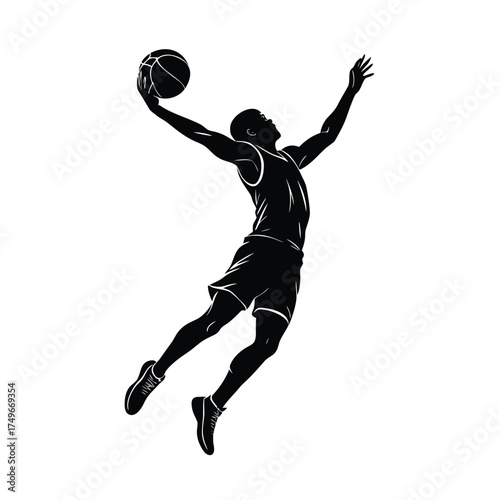 Dynamic silhouette of a basketball player executing a slam dunk