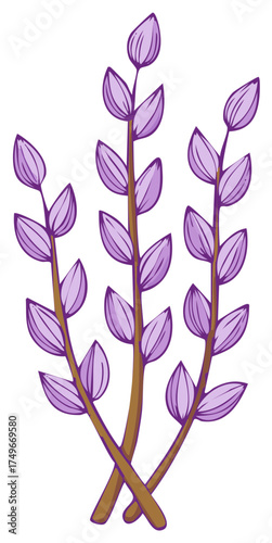 Stylized illustration of three flower stems with purple leaves in a simple design.