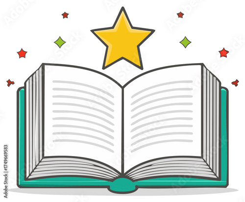 Open book with glowing star above, representing knowledge, success, and learning achievements.