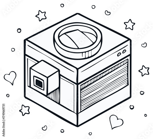Hand drawn vintage camera in isometric perspective. Black and white line art for coloring book page.
