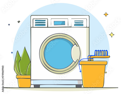 Washing Machine, Bucket and Brush - Illustration of Laundry Routine.