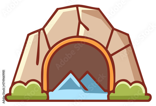 Stylized cave entrance with mountain and water illustration