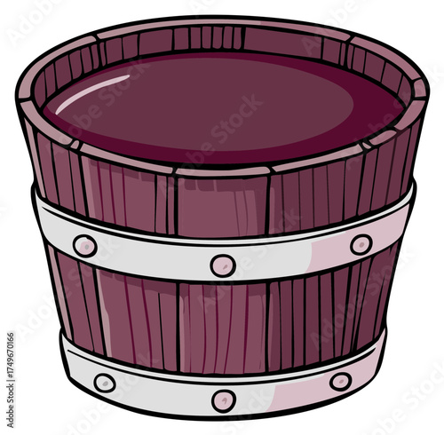 Cartoon illustration of a traditional wooden bucket or vat filled with red wine or fresh grape juice