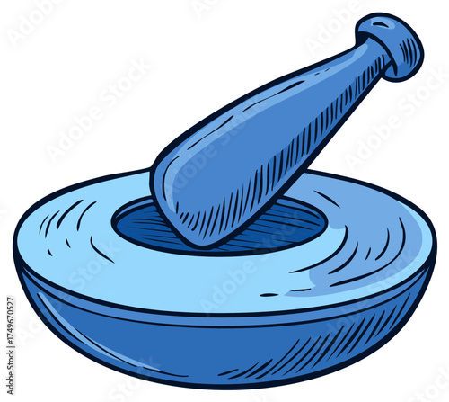 Blue mortar and pestle kitchen tool for grinding spices hand drawn vector illustration