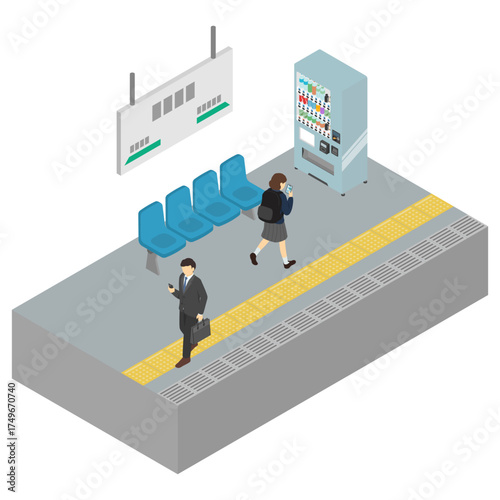 アイソメトリックイラスト：駅のホームで歩きスマホをする人