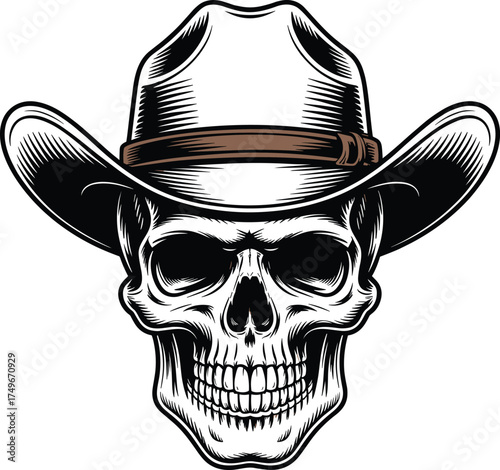 Detailed Cowboy Skull in Hat Vector Illustration - Vintage Engraving Art