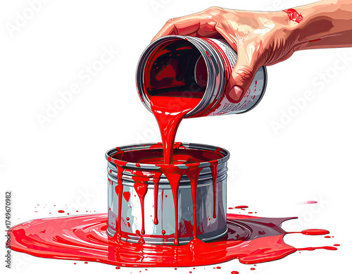A hand pours red paint from a can onto a surface