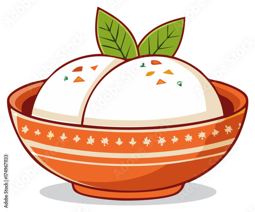 Delicious Rice Bowl with Leaf Garnish in an Orange Decorated Container Creative Food Illustration