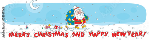Greeting banner with funny Santa Claus going and loosing sweets and toys from his magical bag of Christmas gifts for little girls and boys, vector cartoon illustration isolated on a white background