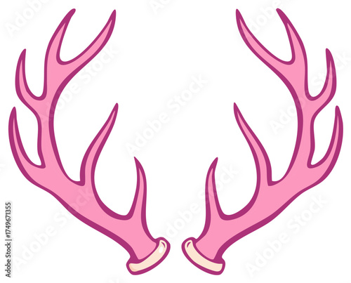 Pink antler illustration, set of deer or reindeer horns on a white backdrop, decorative cartoon elements