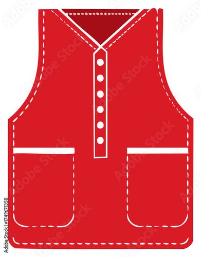 Red work apron with pockets and buttons. Illustration of cooking apparel.