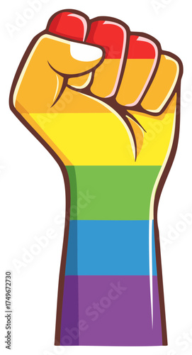 Cartoon Hand with Clenched Fist in Pride Rainbow Colors Symbolizing Support, Freedom, and Equality
