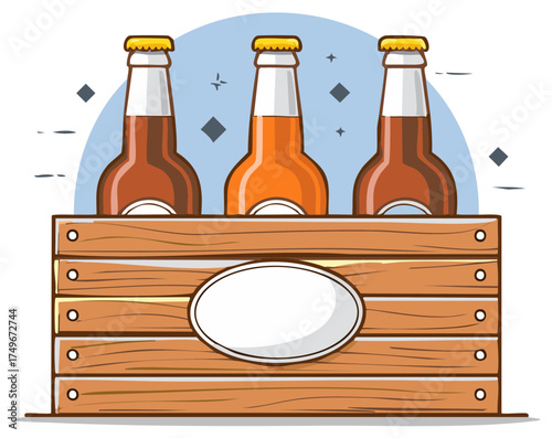 Three beer bottles in wooden crate with blank label, ready for customization, bar promotion concept, illustration