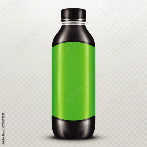 Black Plastic Bottle with Blank Green Label Mockup.