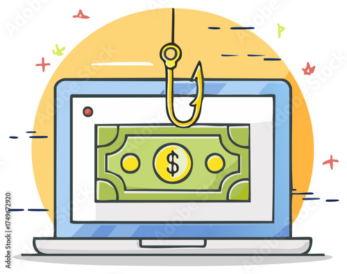 Internet Money Scam Depicts a Fishing Hook Grabbing Cash from a Laptop Screen Finance Theft and Online Crime