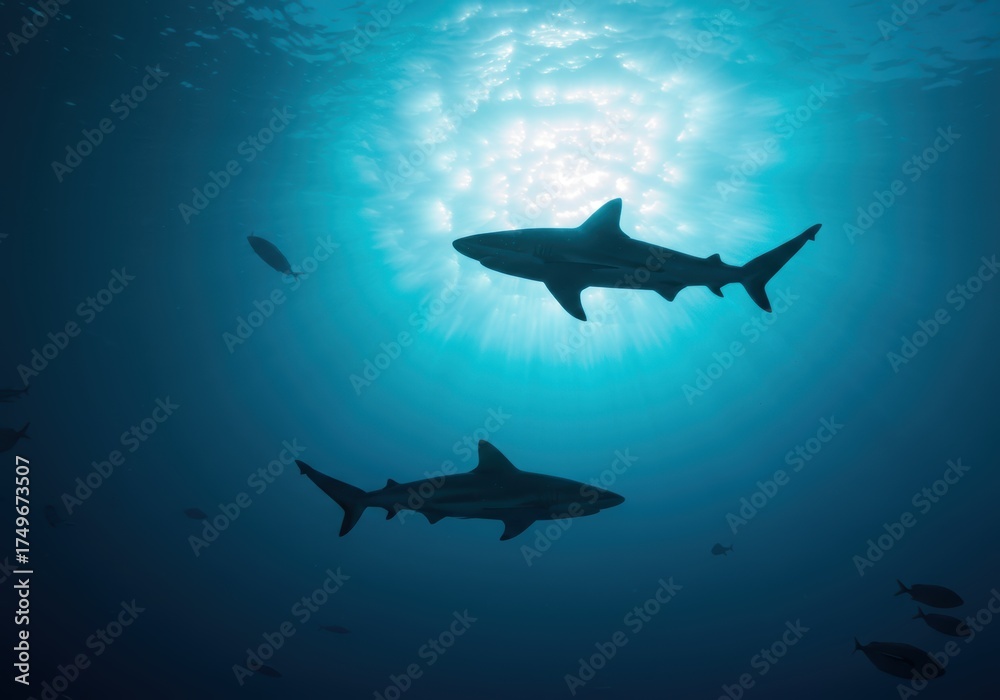 Fototapeta premium Shark Silhouettes in the Deep Ocean