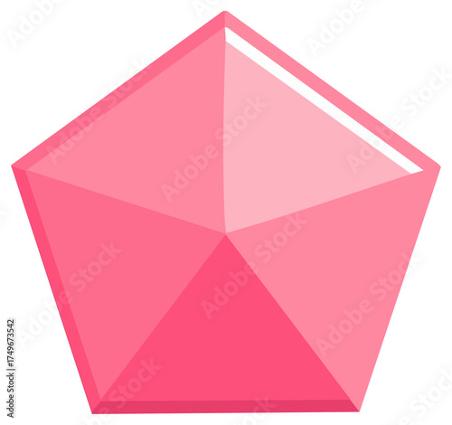 Shiny pink pentagon shaped gemstone with low poly facets vector illustration