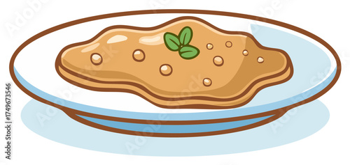 A delicious cartoon illustration of a savory pancake dish served on a white plate garnished with fresh mint leaves