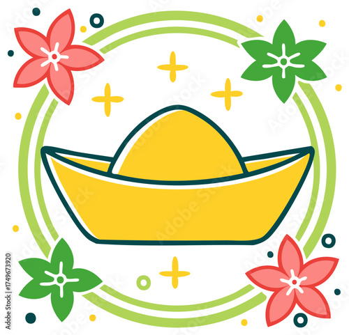 Chinese New Year golden ingot illustration with flowers for wealth and prosperity